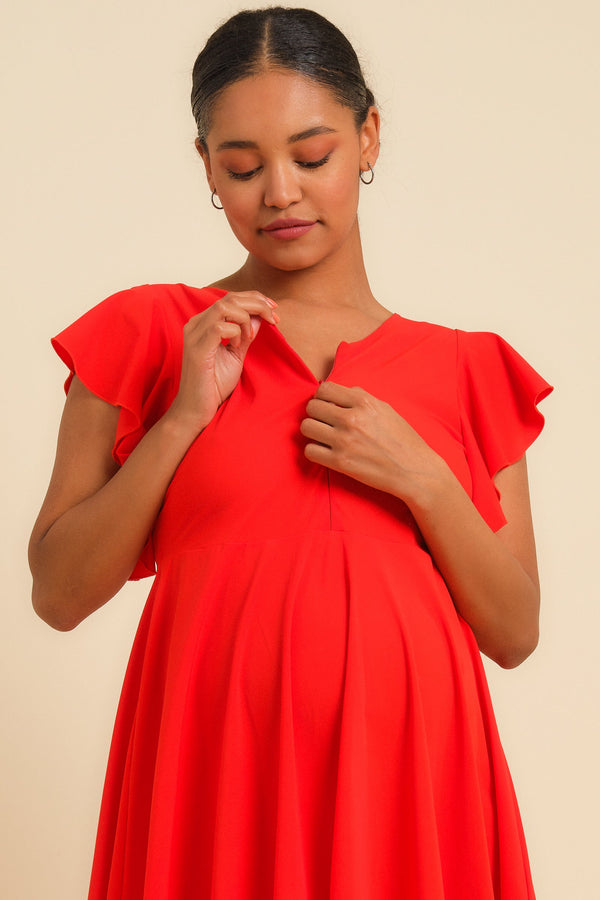 Luftiges Umstands- & Stillkleid mit Volantärmeln – Rot