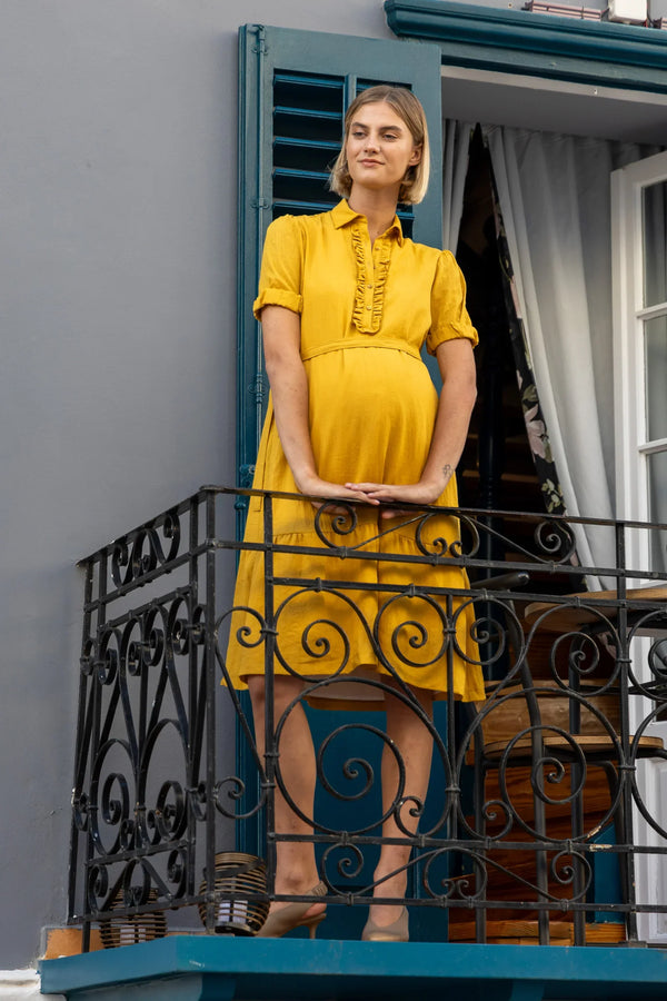 Umstands- und Stillblusenkleid mit Rüschen – Senfgelb